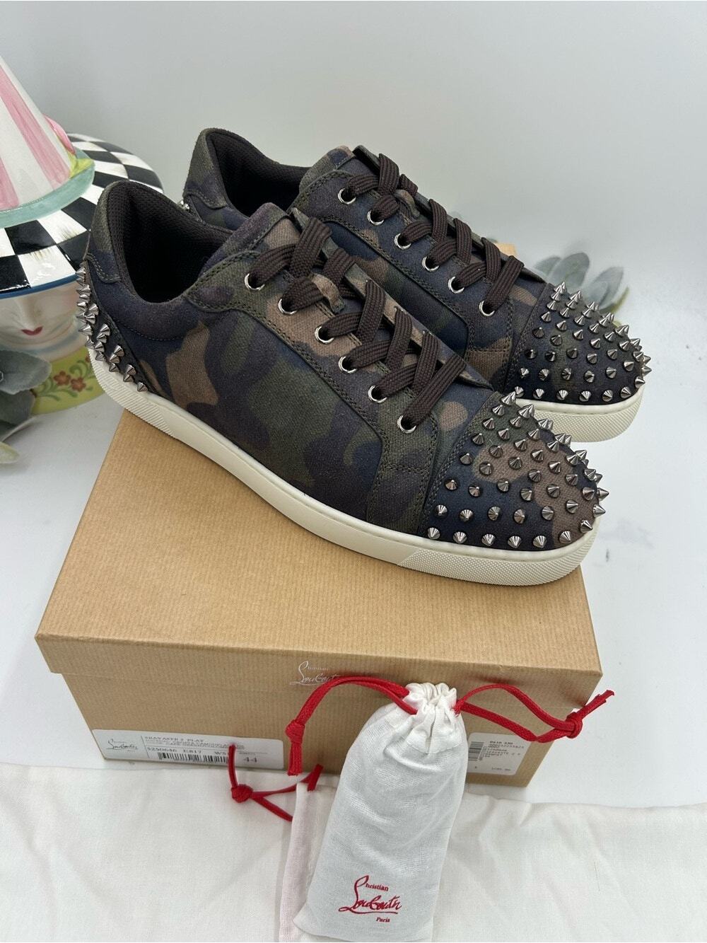 Men's Christian Louboutin SEAVASTE 2 camouflage spiked sneakers size 44